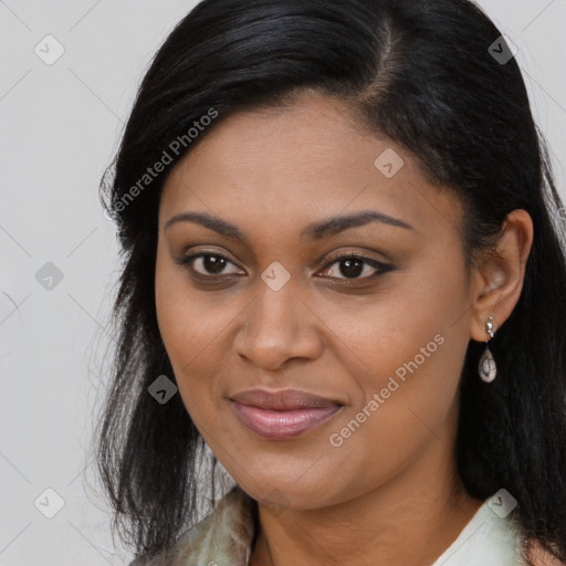 Joyful latino young-adult female with long  brown hair and brown eyes