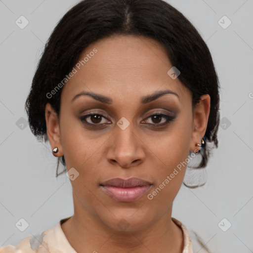 Joyful latino young-adult female with short  brown hair and brown eyes