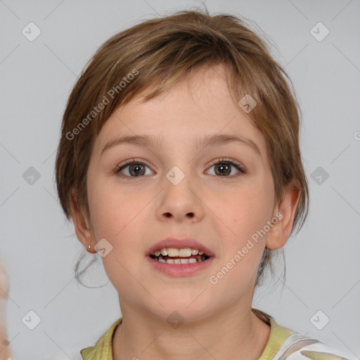 Joyful white child female with medium  brown hair and brown eyes