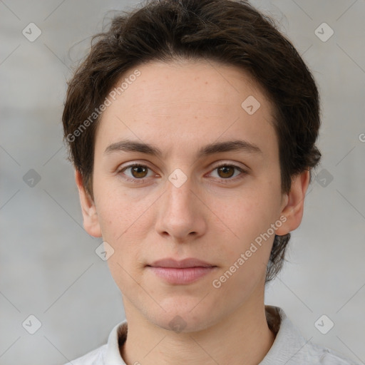 Neutral white young-adult female with short  brown hair and brown eyes