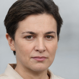 Joyful white adult female with short  brown hair and brown eyes