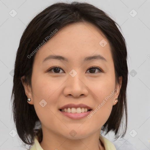 Joyful white young-adult female with medium  brown hair and brown eyes