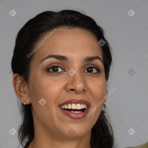 Joyful white adult female with medium  brown hair and brown eyes