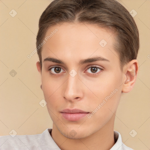 Neutral white young-adult male with short  brown hair and brown eyes