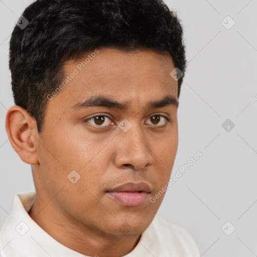 Neutral latino young-adult male with short  brown hair and brown eyes