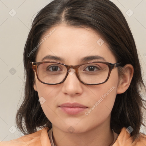 Neutral white young-adult female with medium  brown hair and brown eyes