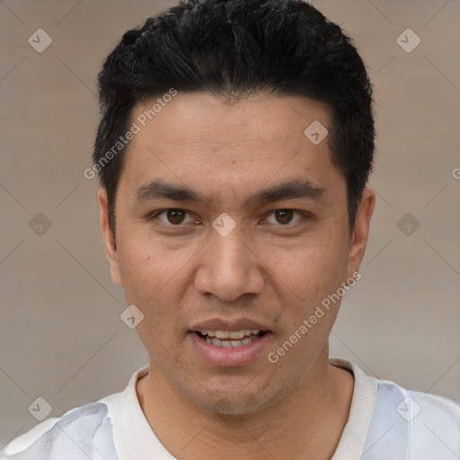 Joyful white young-adult male with short  black hair and brown eyes