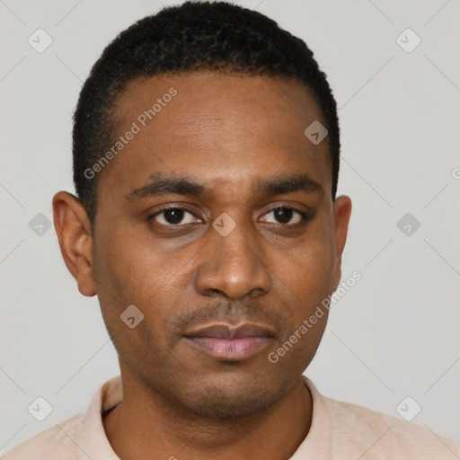 Neutral black young-adult male with short  black hair and brown eyes