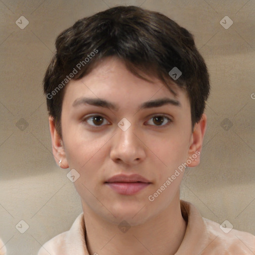 Neutral white young-adult female with short  brown hair and brown eyes