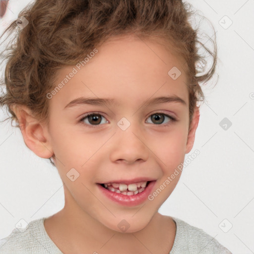 Joyful white child female with short  brown hair and brown eyes