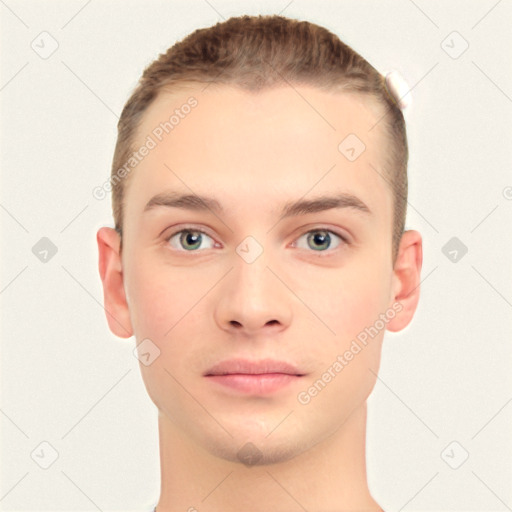 Neutral white young-adult male with short  brown hair and brown eyes