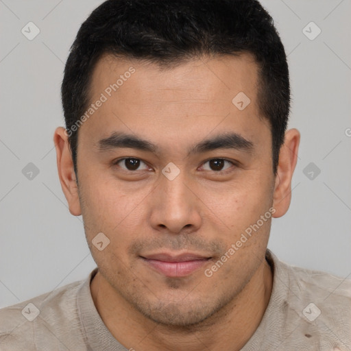 Neutral latino young-adult male with short  brown hair and brown eyes