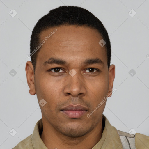 Neutral latino young-adult male with short  black hair and brown eyes