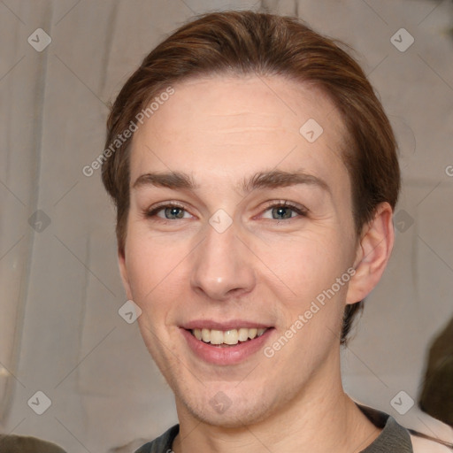 Joyful white young-adult female with short  brown hair and brown eyes