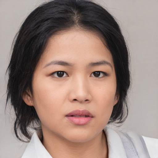 Neutral asian young-adult female with medium  brown hair and brown eyes