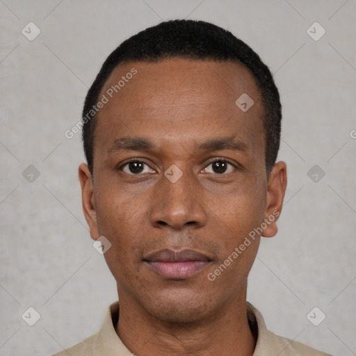 Neutral black young-adult male with short  black hair and brown eyes