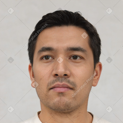 Neutral asian young-adult male with short  black hair and brown eyes