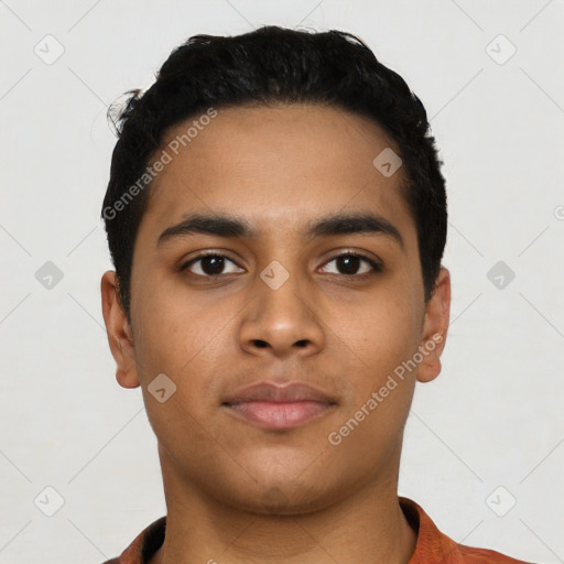 Neutral latino young-adult male with short  black hair and brown eyes