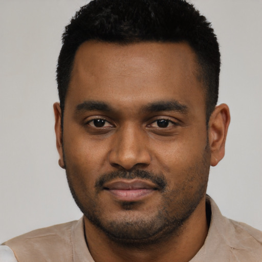 Neutral black young-adult male with short  black hair and brown eyes