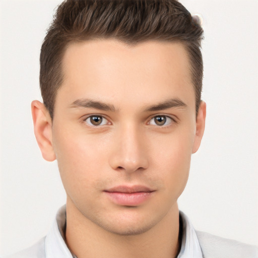 Neutral white young-adult male with short  brown hair and brown eyes