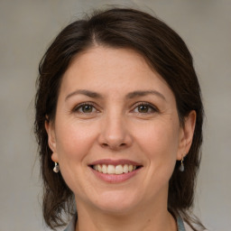 Joyful white adult female with medium  brown hair and grey eyes