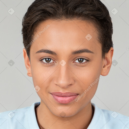 Joyful white young-adult female with short  brown hair and brown eyes