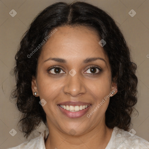 Joyful black young-adult female with medium  brown hair and brown eyes