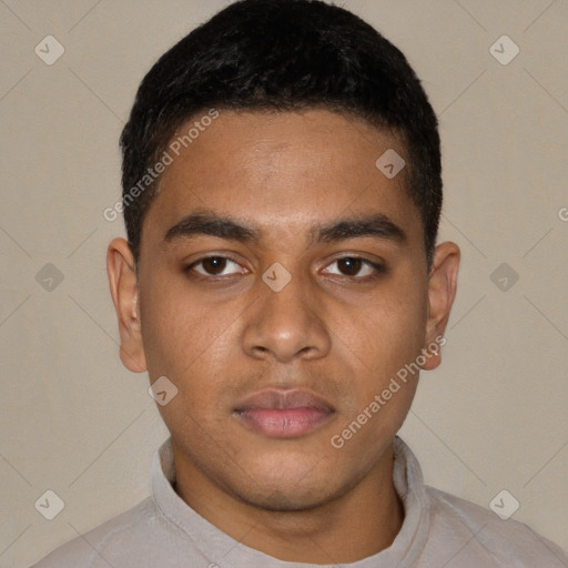 Neutral latino young-adult male with short  brown hair and brown eyes