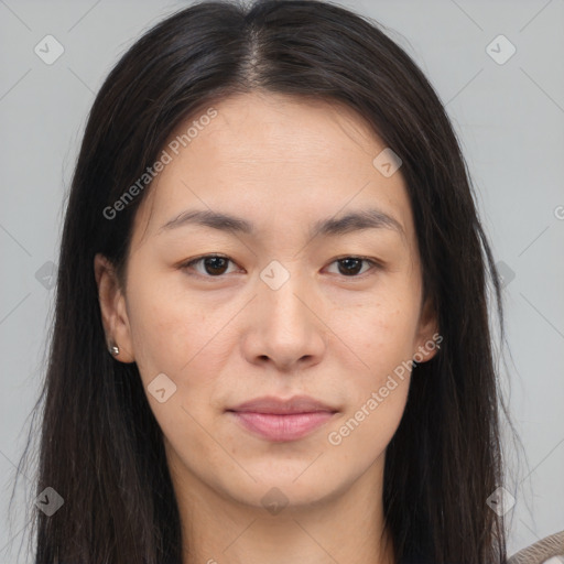 Joyful asian young-adult female with long  brown hair and brown eyes