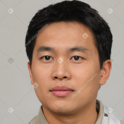 Neutral asian young-adult male with short  black hair and brown eyes