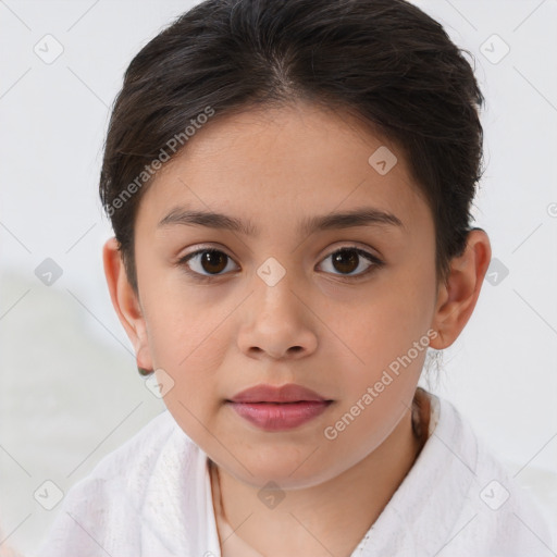 Joyful white child female with medium  brown hair and brown eyes