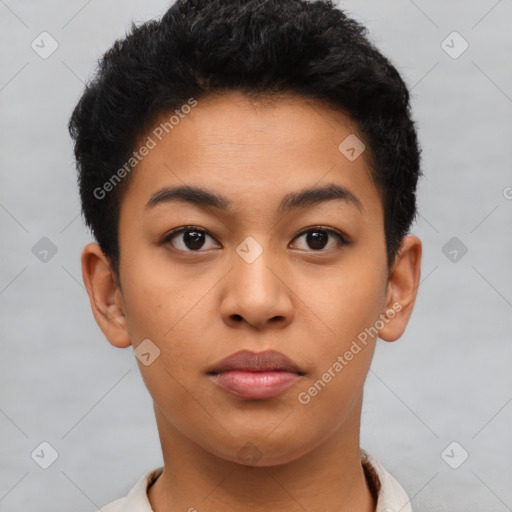 Neutral latino young-adult female with short  black hair and brown eyes