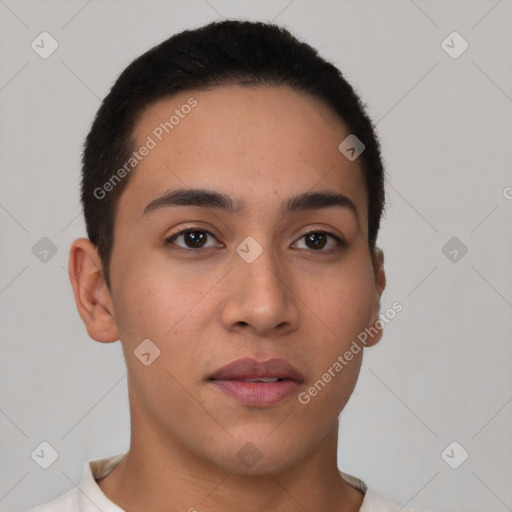 Neutral latino young-adult male with short  brown hair and brown eyes