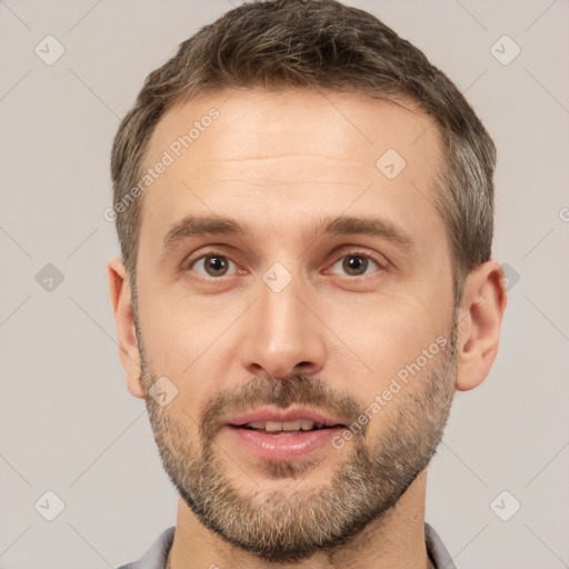 Neutral white young-adult male with short  brown hair and brown eyes