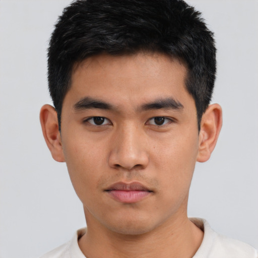 Neutral asian young-adult male with short  black hair and brown eyes