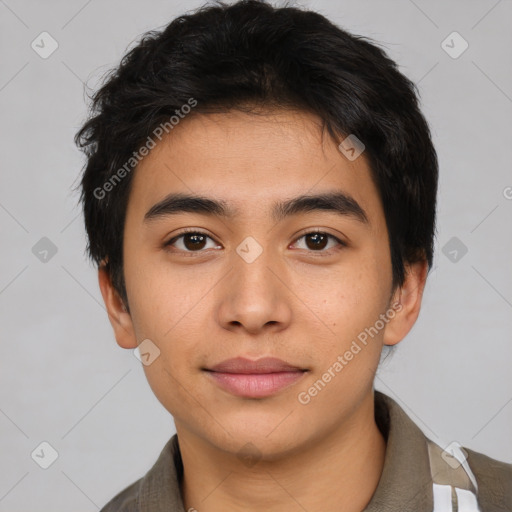 Neutral asian young-adult male with short  black hair and brown eyes