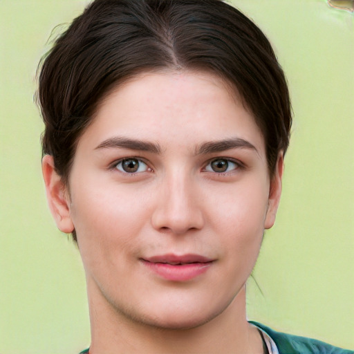 Neutral white young-adult female with short  brown hair and brown eyes