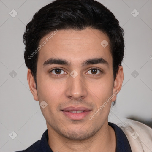 Neutral white young-adult male with short  black hair and brown eyes