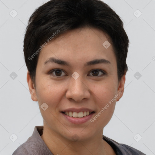 Joyful asian young-adult female with short  brown hair and brown eyes