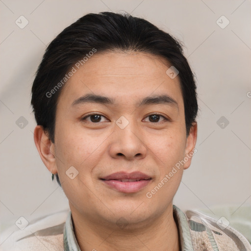 Joyful asian young-adult male with short  brown hair and brown eyes