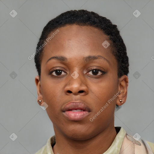 Neutral black young-adult female with short  brown hair and brown eyes