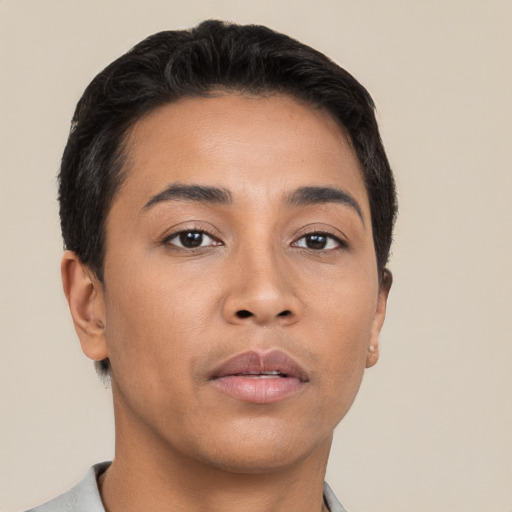 Neutral asian young-adult male with short  brown hair and brown eyes