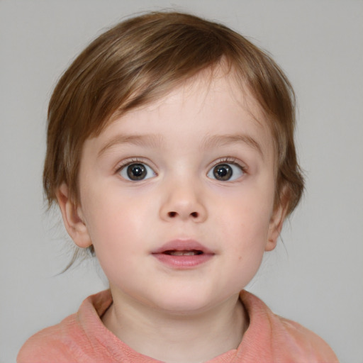 Neutral white child female with medium  brown hair and blue eyes