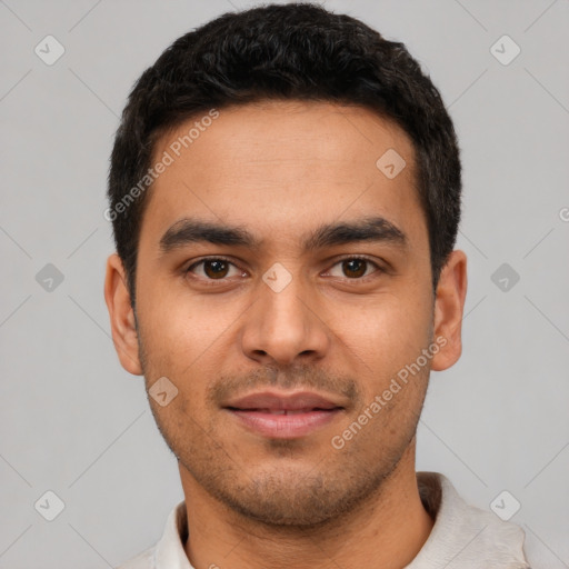 Neutral latino young-adult male with short  black hair and brown eyes