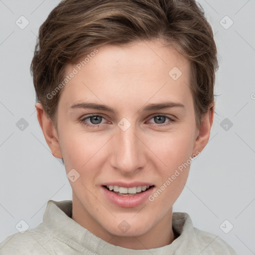 Joyful white young-adult female with short  brown hair and grey eyes