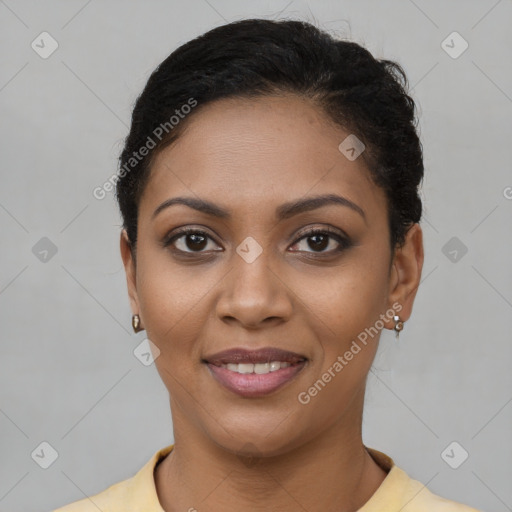 Joyful latino young-adult female with short  brown hair and brown eyes