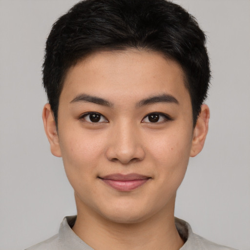 Joyful asian young-adult female with short  brown hair and brown eyes