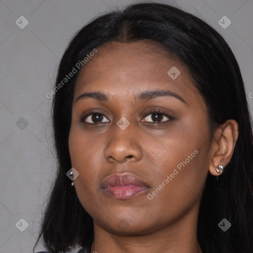 Joyful black young-adult female with long  black hair and brown eyes