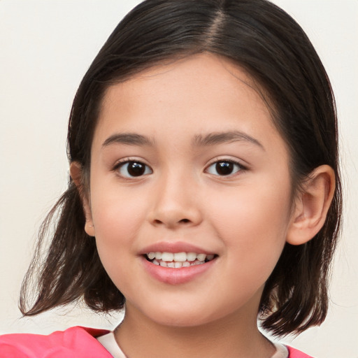 Joyful white child female with medium  brown hair and brown eyes