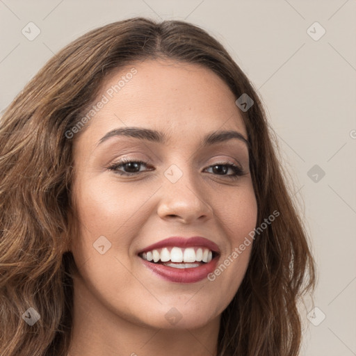 Joyful white young-adult female with long  brown hair and green eyes